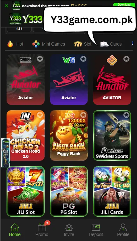 Y333 Game home screen showing Aviator, slots, and card games