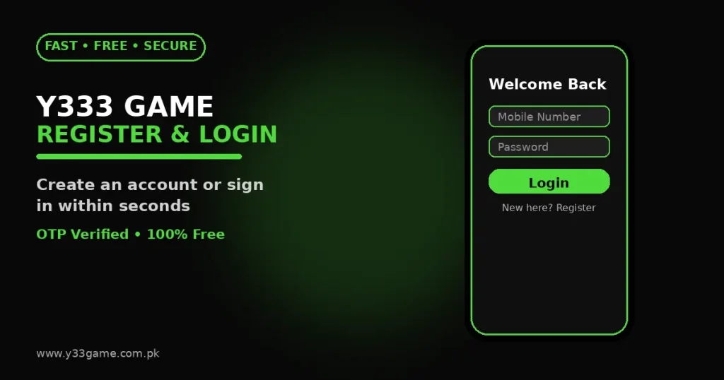 Y333 Game register & login app screen with mobile number and password